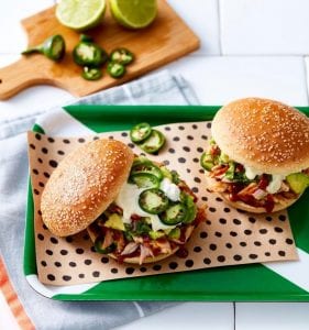 PULLED CHICKEN BURGER WITH CAROLINA STYLE BBQ SAUCE, AVOCADO SALSA, AIOLI AND FRESH JALAPENOS